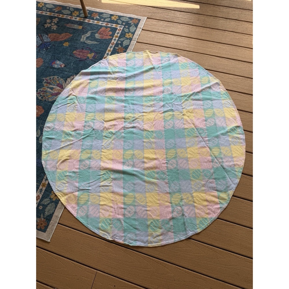 Vintage Easter Cotton Jacquard Pastel Plaid Tablecloth Round 52x54